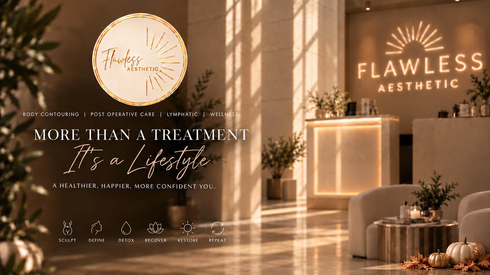 Flawless Aesthetic fall campaign featuring a luxury spa interior. Body Contouring, Post Operative Care, Lymphatic, Wellness; Sculpt, Define, Detox, Recover, Restore, Repeat.