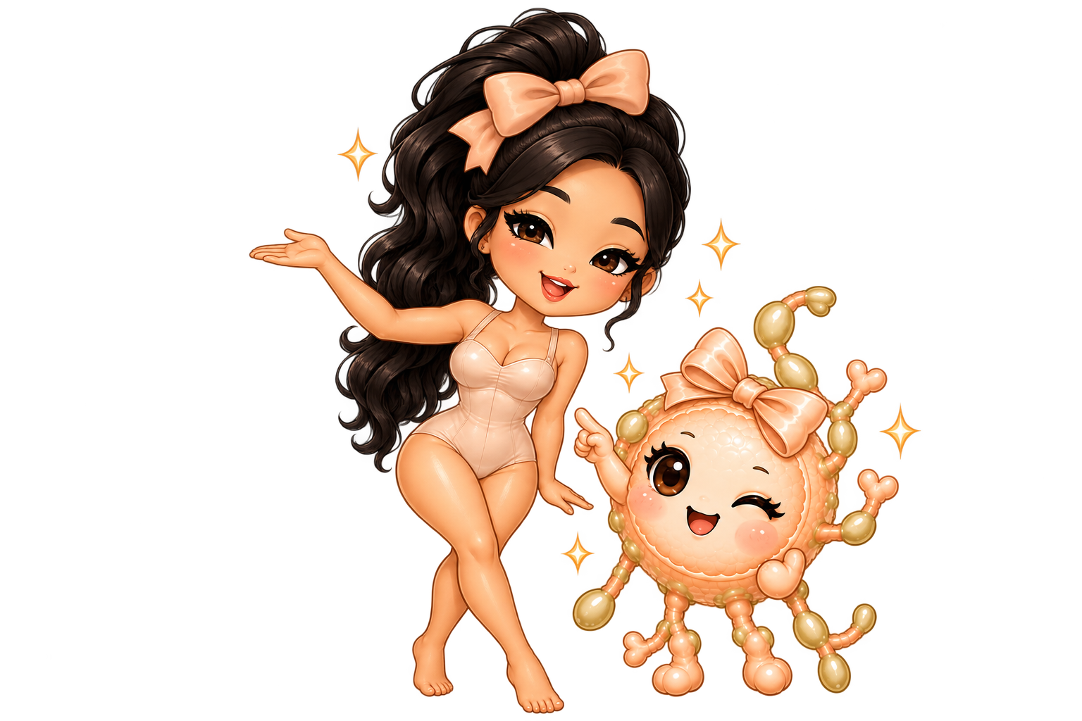 The Flawless mascot and lymphatic companion presenting the body contouring treatment information