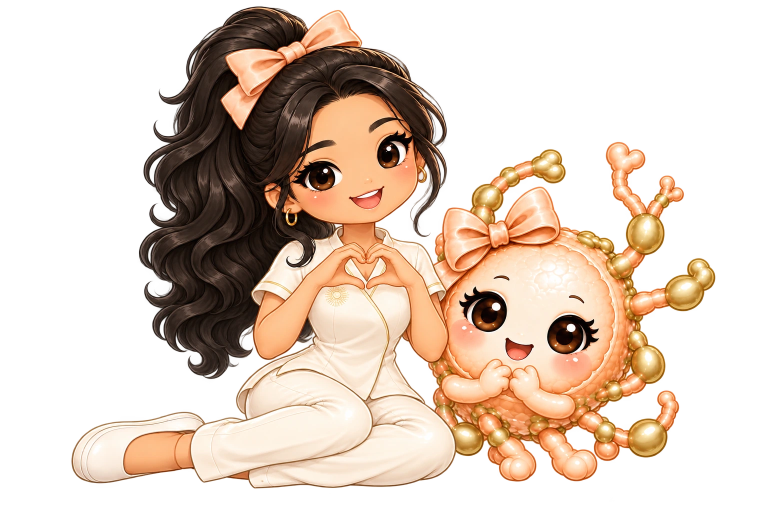 Flawless Aesthetic's cream-uniform mascot making a heart with her hands beside Lymphie