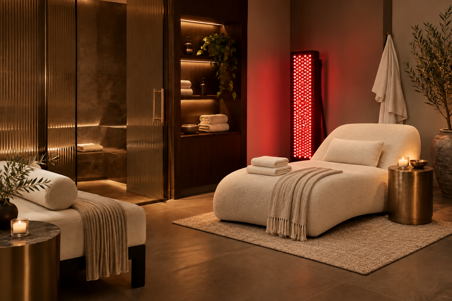 Warm sauna and red light wellness lounge